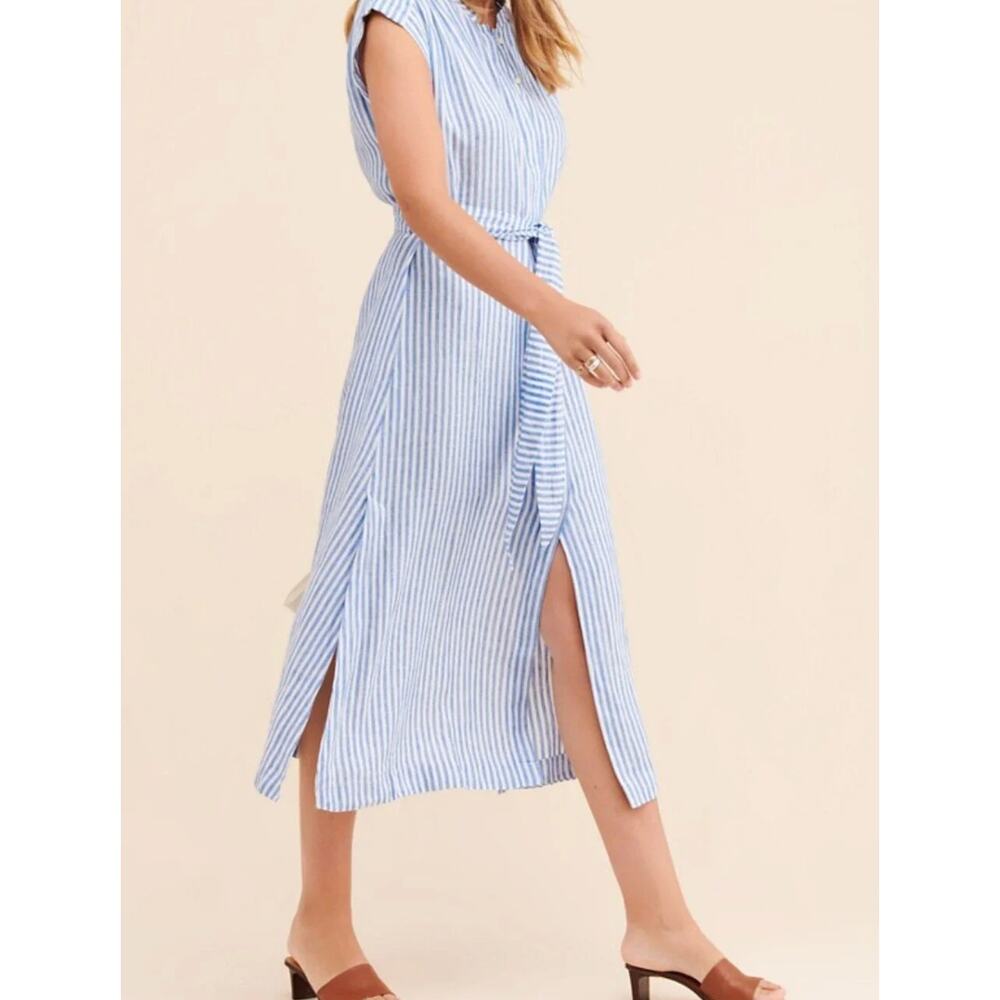 AYR Linen Sunset Midi Dress S Blue White Stripe Coastal Travel Resort Luxury - Picture 7 of 9